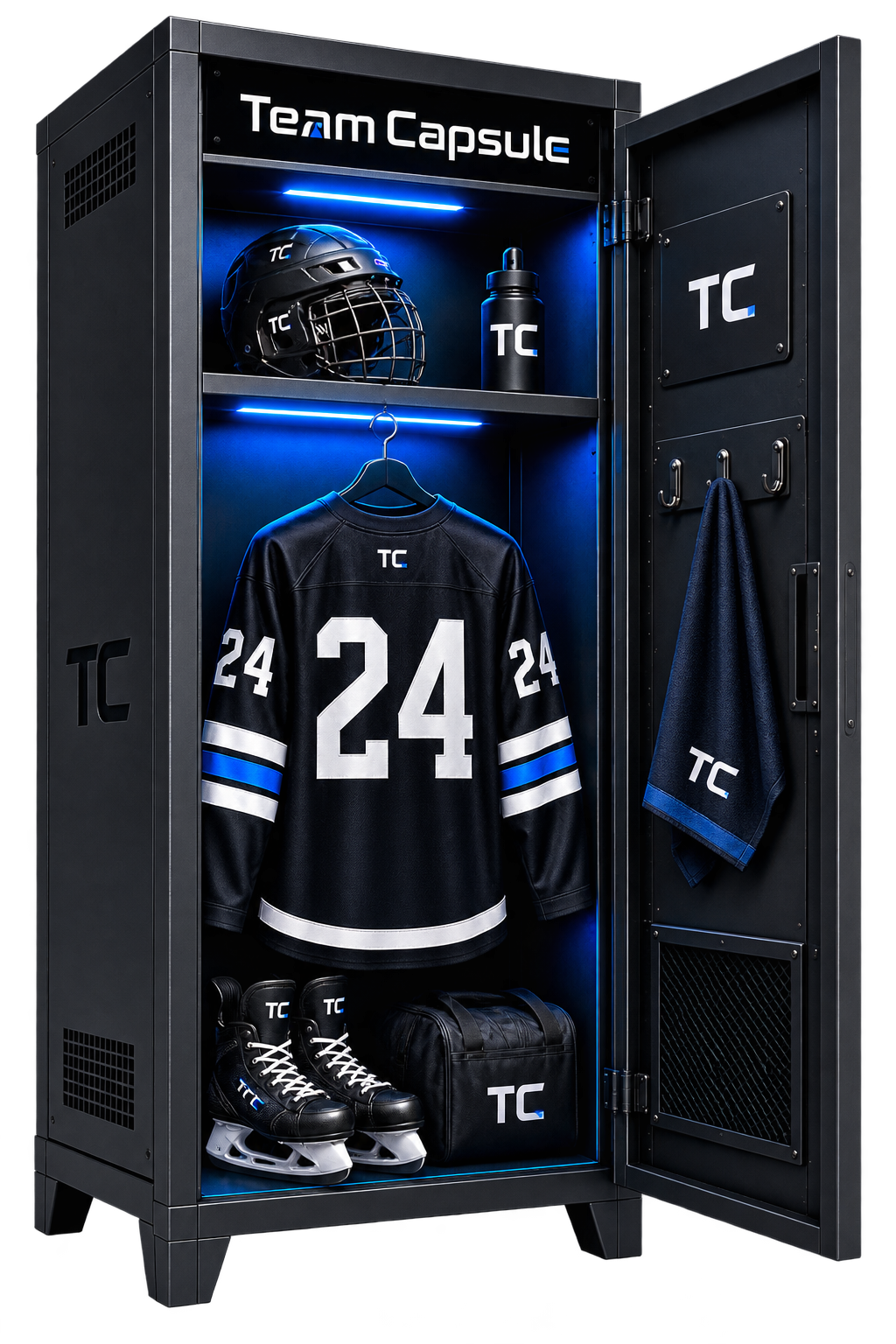 TeamCapsule-branded hockey locker with helmet, jersey #24, and skates